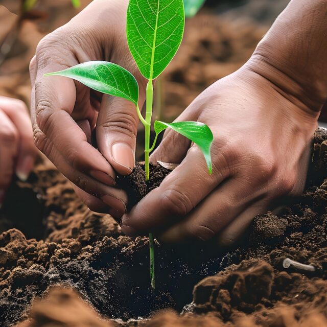 hands planting a seedling in wet soil, symbolizing the sustainability of eCO2U's actions